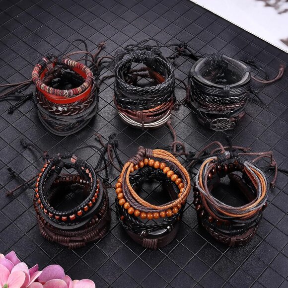 Versatile 30PCS Woven Leather & Wood Bead Bracelets Set - Adjustable Styles - Picture 3 of 5
